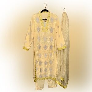 Elegant Yellow and Silver Women's Kurtas 3 pcs Set Dress, Pants and Dupatta